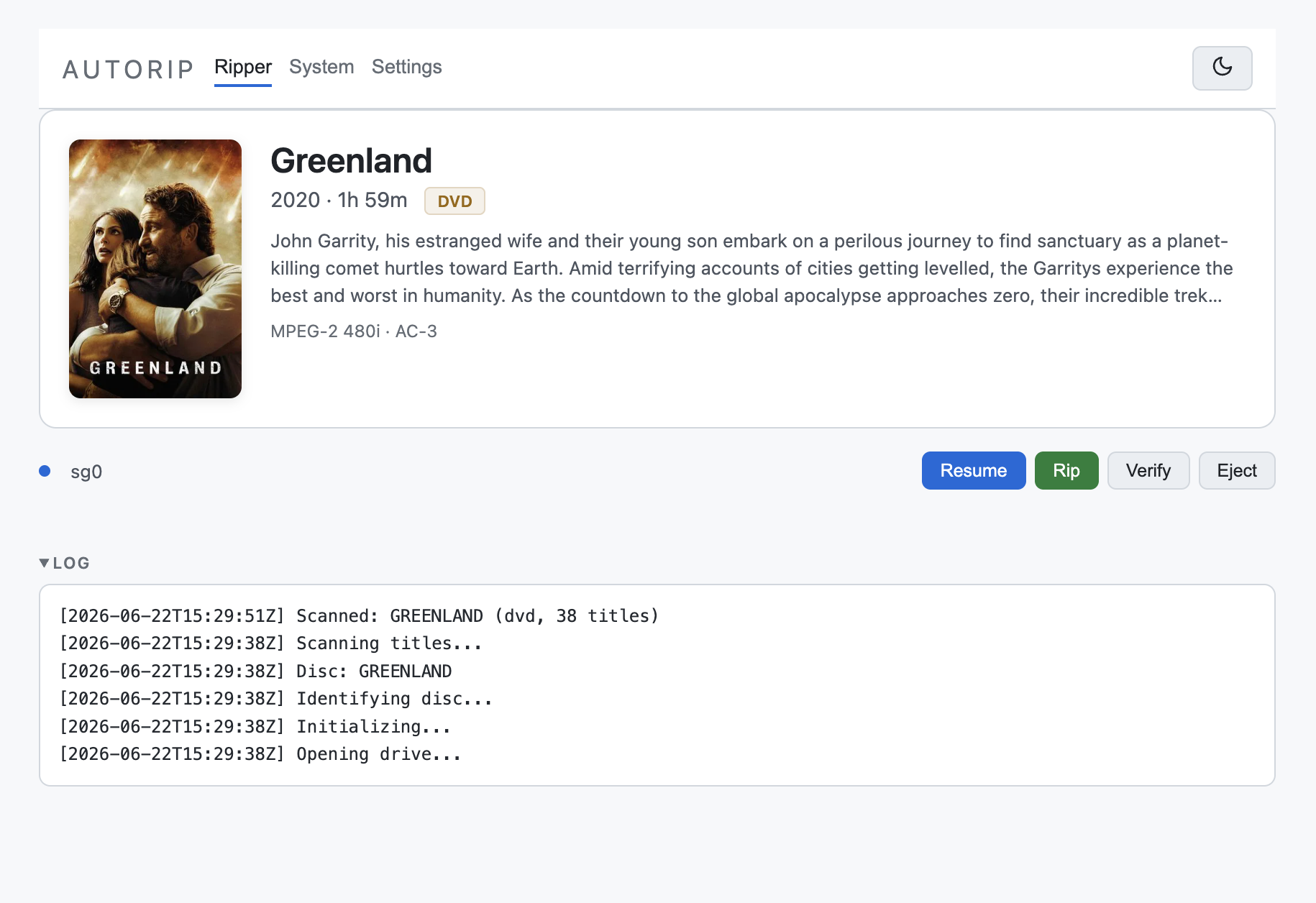 autorip idle, showing per-drive controls and the device log