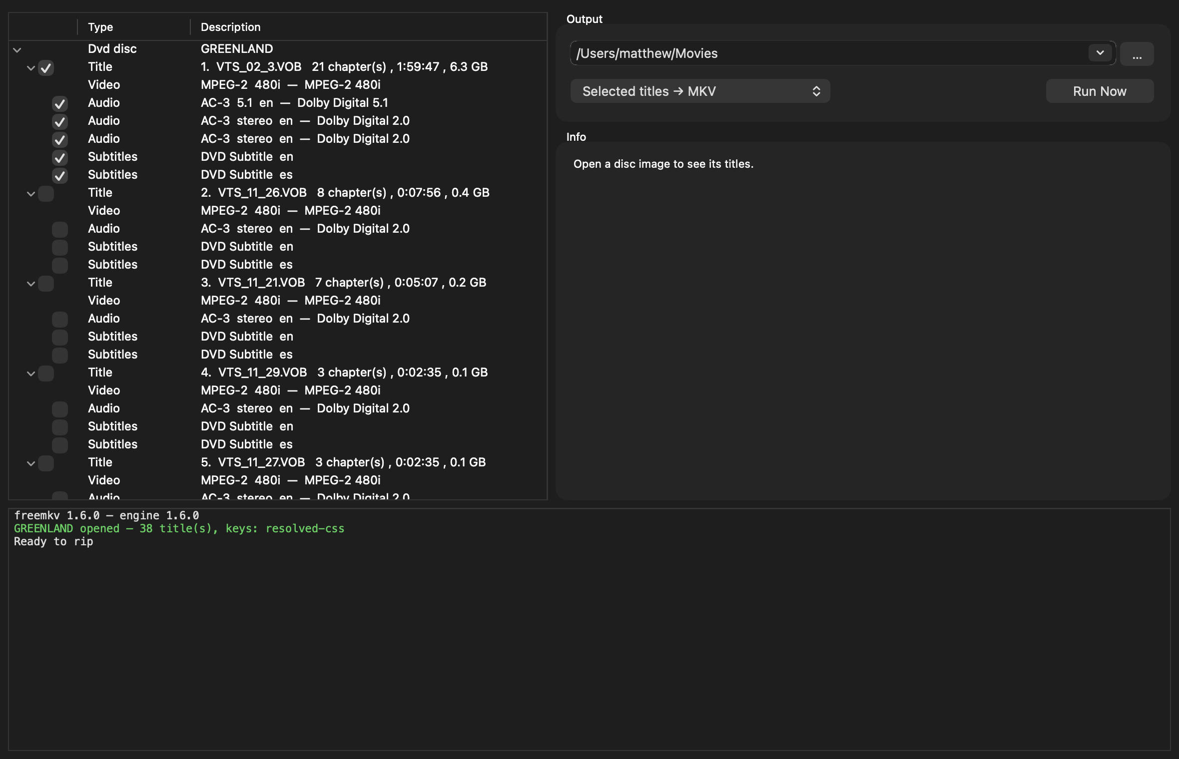 The freemkv desktop app on macOS with a disc image loaded — per-title and per-track selection, output format, and a live log.